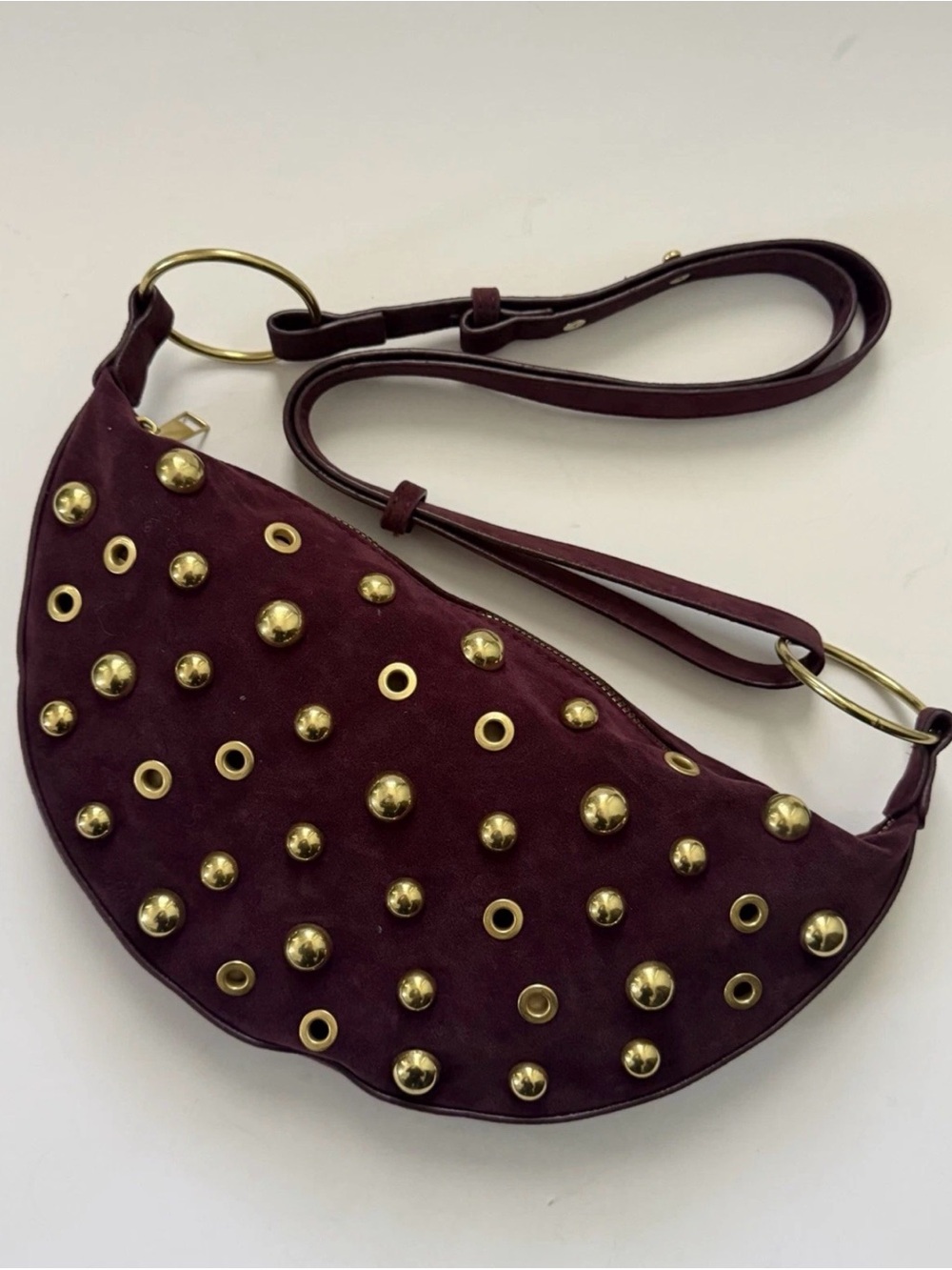 Burgundy Studded Shoulder Bag Y2K Crescent Purse